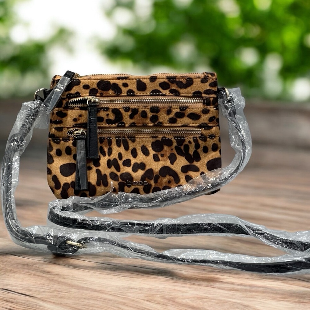 Bebe Leopard Print Faux Leather Crossbody Bag Multiple Zipper Compartments New